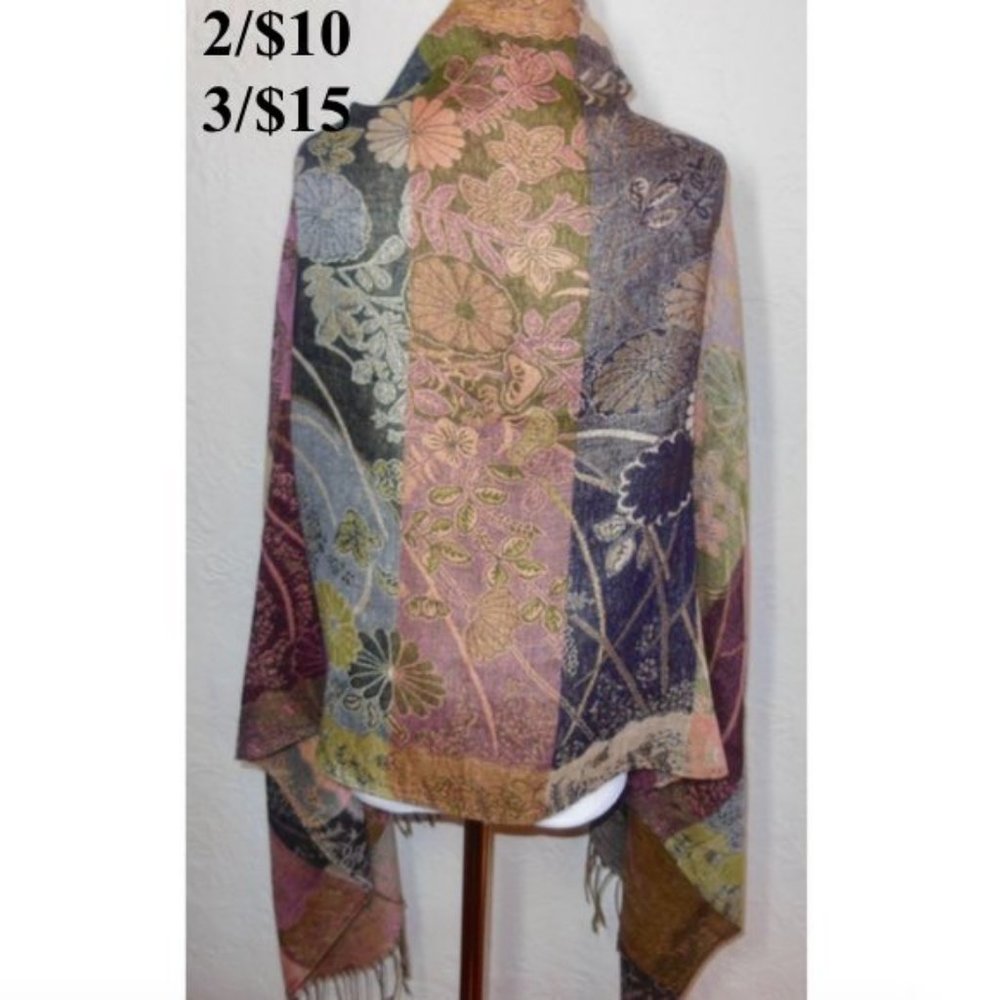 Multicolored Blue Pink Flower Floral Scarf Wrap